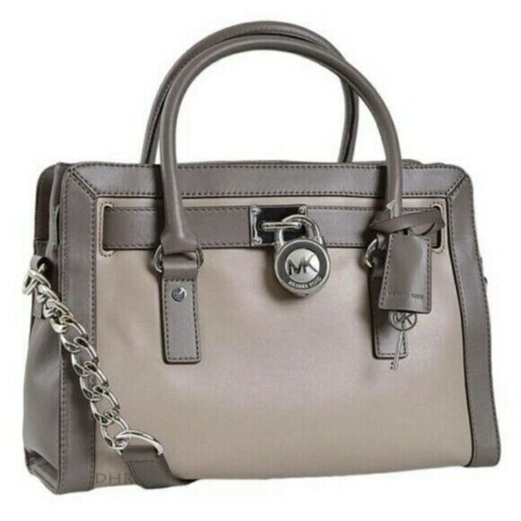 Michael Kors Taupe and Gray Leather Hamilton Silver Lock Satchel Large Handbag - Picture 1 of 11